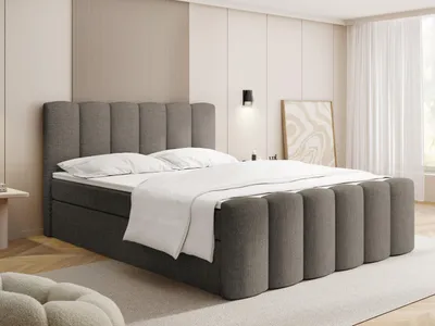 Produktbild von Boxspringbett mit Bettkasten – Polsterbett 120 x 200 cm mit H4 Taschenfederkern 7-Zonen Matratze & 5 cm Topper – Stauraumbett Serenity mit Hohem Kopfteil & Gepolstertem Fußteil – Taupe Chenille