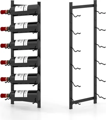 Two wall-mounted wine racks against a white background. One is fully loaded with wine bottles, and the other is empty.