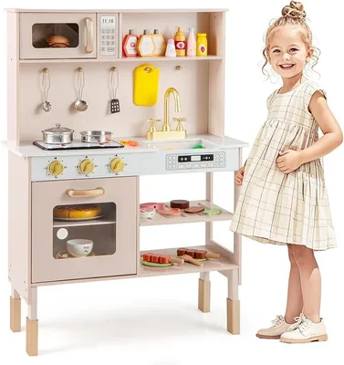 Imagen del producto de Cocina de juguete de madera con luces y sonido, juego de cocina con 19 accesorios y alimentos de juguete, cocina de juguete con fregadero, hornilla, horno, microondas, cocina de madera con altura ajustable, ideal para niños a partir de 3 años