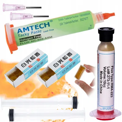 Produktbild von Rosfix Set Flux RMA-223, ZJ-18, NC-559-ASM – Lötflussmittel Gel mit Dosiernadel & Kolben | No-Clean, 10cc + 2×60ml | SMD, PCB Reparatur