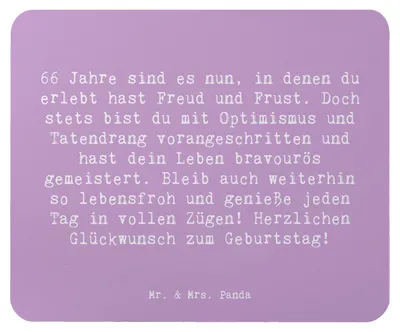 Produktbild von Mr. & Mrs. Panda Mouse Pad Spruch 66. Geburtstag - Lavendeltraum - Geschenk, Happy Birthday, pc mousepad, mauspad laptop, Optimismus, handgefertigte Geschenke, Alter
