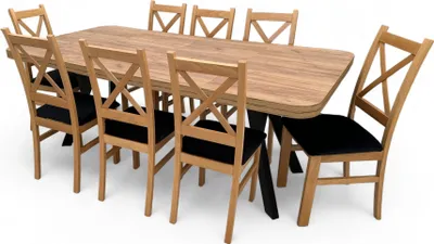 A wooden dining table with eight chairs, all set against a white background.