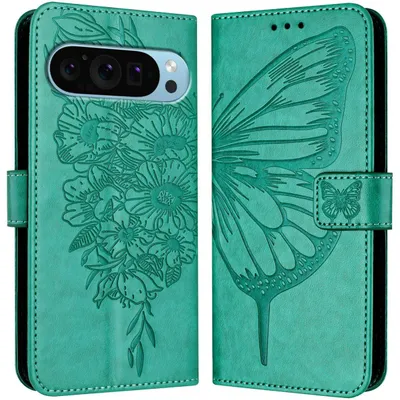 Produktbild von Mobigear Butterfly-Handyhülle für Google Pixel 9 Pro XL – Klapphülle/Etui mit Geldbörsenfunktion – Grün