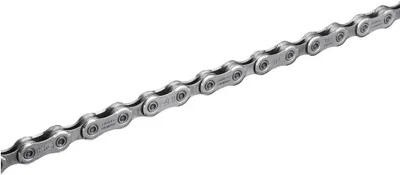 A close-up, straight-on shot of a bicycle chain against a white background.