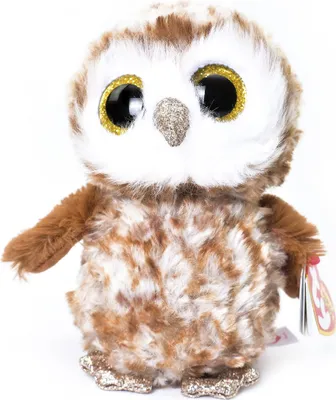 A plush owl toy with large, glittery eyes and brown and white patterned fur, standing on a white background.