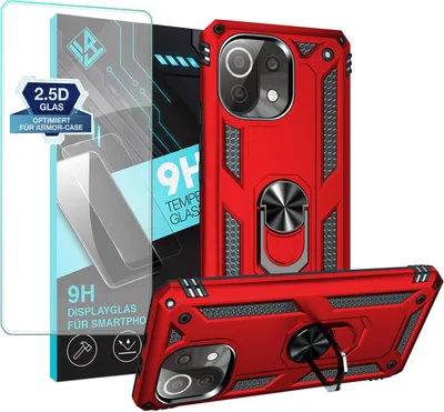 Produktbild von Armor Outdoor Handyhülle für Xiaomi Mi 11 Lite / 11 Lite 5G Handy Panzer Case Schutzhülle mit 9H Displayglas Displayschutz Farbe: Rot