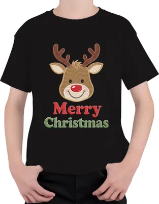 Produktbild von Merry Christmas Rentier Weihnachten Stickerei Bestickt Kinder Uni Kinder T-Shirt, Schwarz, 116