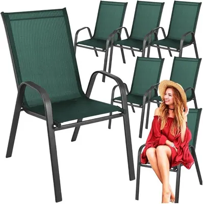Imagen del producto de Silla de jardín metálica verde – Sillas para exteriores con reposabrazos, ideales para balcón, terraza o jardín – Asiento de Textilene – Resistente a la intemperie – Diseño moderno – Respaldo cómodo – Carga máxima: 120 kg – Altura: 89 cm