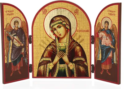 Produktbild von Gottesmutter Siebenpfeilige Triptychon Holz Ikone 25x16cm christlich 11324