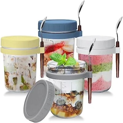 Produktbild von PromoHome® Glas Müsli und Joghurt Gläser Set aus 4 Stück mit dicht schließenden Deckeln und Edelstahllöffeln - 350ml Overnight Oats Behälter
