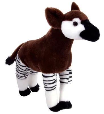 A plush toy okapi standing on a white background.