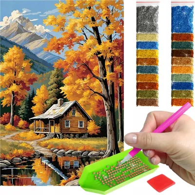 Produktbild von ARTULIO - Diamond Painting Set - Herbstliche Berghütte am See - 60 x 40 cm - Groß XXL - Bilder DIY, Komplettset Mosaik + Zubehör