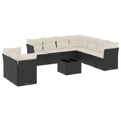 Produktbild von Garten-Lounge-Set, 10-tlg. modulare Sofagarnitur mit Stauraum, PE-Rattan Schwarz, Hartglas-Tischplatte, cremeweiße Kissen, UV-beständig