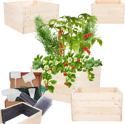 Produktbild von MODO24 Hochbeet Holz, Pflanzkasten, Massivholz, Kiefer, Kräuterbeet, Blumenkasten, Garten, Terrasse, 36x63x60 cm, Natur, ZP06