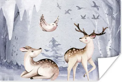 Produktbild von MuchoWow® Poster Winter - Hirsche - Vögel - Schnee 60x40 cm - Schlafzimmerdekoration