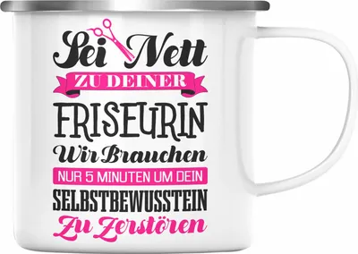 Produktbild von Trendation - Friseurin Emaille Tasse Geschenk Zubehör Geschenkideen Friseursaloneröffnung Frisörin Emaille Tassen Emaille Emaille Tasse Spruch Friseur (Silber)