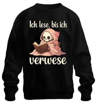 Productafbeelding van Ik lees tot ik verdwaal. Boekenwurm, leeshobbyist, skelet, Halloween, uni sweatshirt, zwart, maat L