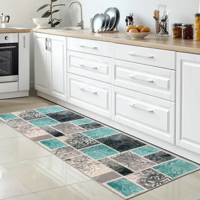 Produktbild von Moderner Küchenläufer I Gelrücken I auffälliges Karomuster I Türkis, Creme und Grau Größe - 80 x 300 cm