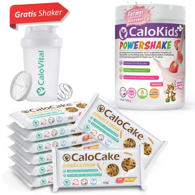 Produktbild von Zunahme-Bundle für Kinder: 8x CaloCake Hochkalorische Riegel (Cookies & Cream) + 500g CaloKids+ Powershake Erdbeere + GRATIS Shaker