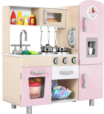 Produktbild von Spielküche aus Holz - Kinder Spielküche Set - Mit Licht und Sound - Herd Ofen Mikrowelle Kaffeemaschine - Größe 81 x 74 x 30 cm - Ab 3 Jahren - Rosa