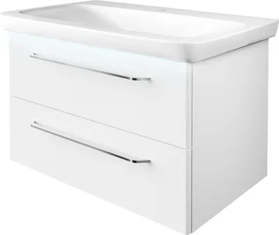 Produktbild von FACKELMANN MILANO Badmöbel Set 3 Teile / Keramik Waschbecken / Waschbeckenunterschrank mit 2 Schubladen / LED-Beleuchtung / Badschrank mit Soft-Close / Korpus & Front: Weiß / Breite: 88 cm
