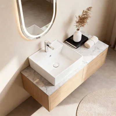 Immagine prodotto di Lavabo d'arredo quadrato 41x41cm in Vetroceramica bianca con foro rubinetto