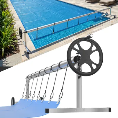 Produktbild von UISEBRT Aluminium Edelstahl Poolaufroller 3-5,7 m Verstellbar – Aufrollvorrichtung für Poolabdeckung, mit Handkurbel, Rädern und 8 Befestigungsclips
