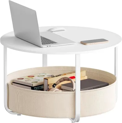 Produktbild von WOLTU Runder Couchtisch Ø80xH50 cm mit Aufbewahrungskorb PB-Platte : Weiß+Beige Farbe: Weiß+Beige