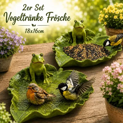 Produktbild von 2er Set Vogeltränke & Futterstelle Frosch 18x16x8 cm Polyresin Vogelbad Wasserschale Gartendeko wetterfest für Garten Balkon Terrasse