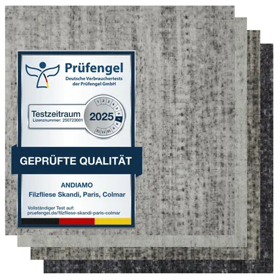 Filzfliese hellgrau gestreift mit Prüfengel-Siegel, Mustern in grau, anthrazit, beige-grau.