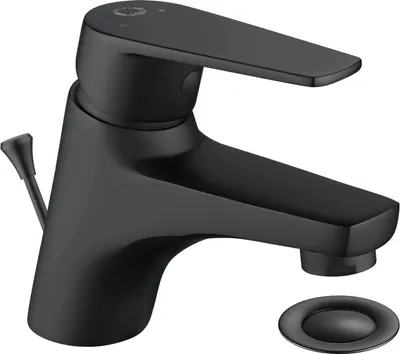A black faucet and drain assembly on a white background.