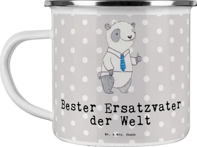 Produktbild von Mr. & Mrs. Panda Emaille Becher Panda Bester Ersatzvater der Welt - Grau Pastell - Geschenk, Teetasse, Familie, Dankeschön, Geburtstag, Pott, Geschenkidee, Motivtasse