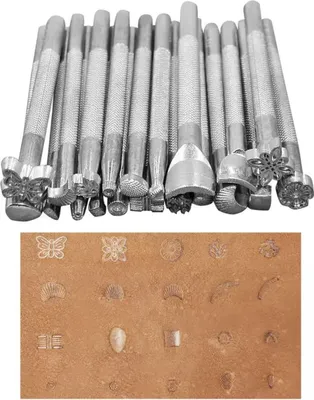 A collage showing a set of leather stamping tools and examples of their use on leather.