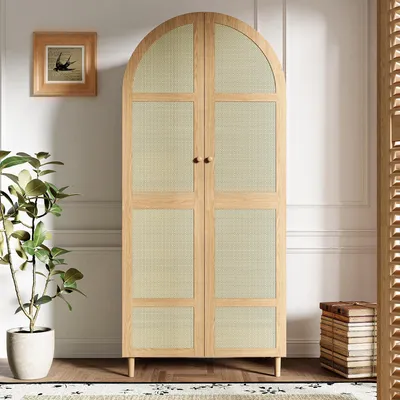 Produktbild von Flieks Kleiderschrank mit Kleiderstange und Schubladen, Flurgarderobe mit gebogenen Türen, Großzügiger Stauraum, Gaderobenschrank, Natur