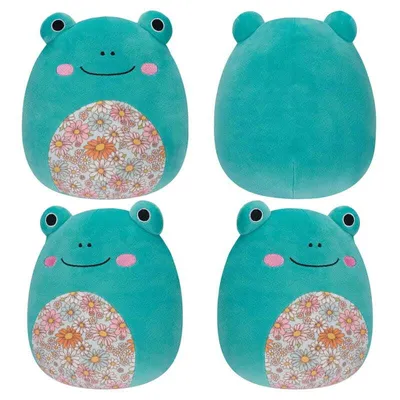 A collage of four images showing a teal frog plush toy from different angles.
