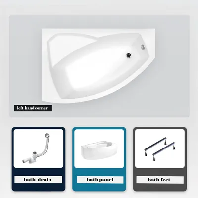 Produktbild von Asymmetrische Badewanne - 150 x 95 cm - Links - mit Verkleidung - mit Füßen - Ablaufgarnitur Chrom - RIMA