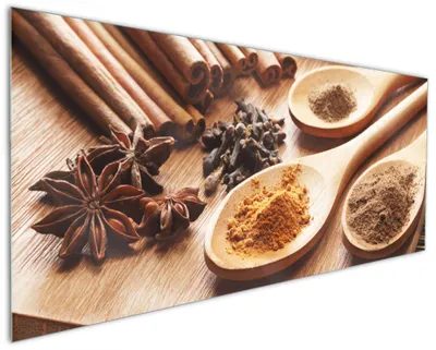 Produktbild von Wallario Küchenrückwand aus Glas, Größe: 125 x 50 cm, Motiv: Kräuter und Gewürze auf Holzlöffeln | Spritzschutz | abwischbar | pflegeleicht | in