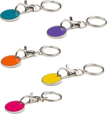 Produktbild von 5x Metall Schlüsselanhänger mit Einkaufschip / je1x orange,gelb,pink,türkis,lila