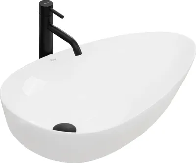 A white oval basin with a black faucet.
