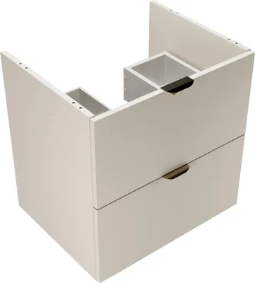 A white vanity cabinet with two drawers and internal compartments, shown from a three-quarter angle against a white background.