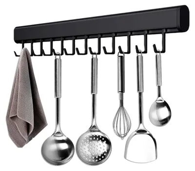 Produktbild von Küchenhakenleiste ohne Bohren, 50 cm selbstklebende Küchenleiste mit 10 beweglichen Haken, Aluminium Küchenreling für Küchenutensilien, Schwarz, platzsparender Utensilienhalter