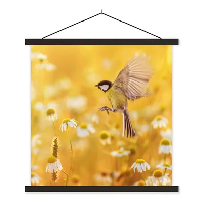 Produktbild von MuchoWow® Textilposter Vogel - Kohlmeise - Blumen - Gänseblümchen 120x120 cm mit schwarzem Rahmen - Aufhängungsset
