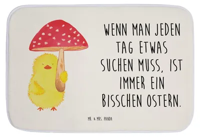 Produktbild von Mr. & Mrs. Panda Badezimmerteppich Küken Fliegenpilz - Weiß - Geschenk, Duschvorleger, Ostergrüße, Ostern, Frohe, badezimmervorleger, Glückspilz, Teppich Bad, Badteppich