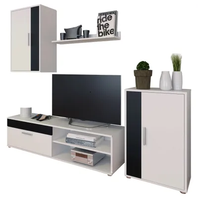 A modern living room furniture set, including a TV stand, a tall cabinet, and a wall shelf, displayed against a white background.
