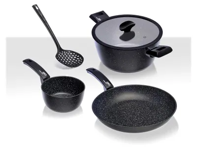 Produktbild von Kochset 5-teilig Etnea - Pfanne 24 cm, Stieltopf 16 cm, Kochtopf 20 cm, Glasdeckel mit Silikonrand 20 cm, Bratgutheber
