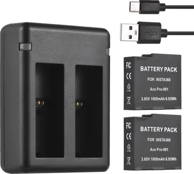 Produktbild von Akku- und Ladegeraet-Set fuer Sportkameras, einschliesslich Akkuladegeraet mit zwei Steckplaetzen + 2 Akkus mit 1800 mAh + 2 Akku-Aufbewahrungsboxen mit Kartensteckplatz, kompatibel mit Insta360 Ace/Ace Pro-Kameras