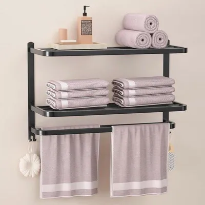 Productafbeelding van Handdoekenrek met 3 niveaus - Zwart wandgemonteerd handdoekenplank voor badkamer