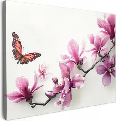 Produktbild von MuchoWow® - Leinwandbilder - Blüte - Schmetterling - Rosa - Natur - Weiß, Wandbild, Wanddeko Bilder Wohnzimmer, 80x60 cm