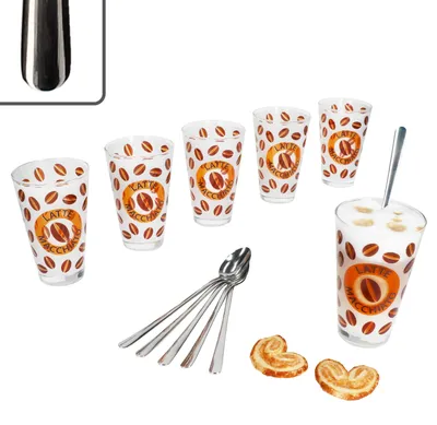 Produktbild von 12tlg Set Cremona Latte Macchiato Gläser orange + Style Art Löffel L19cm 6 Pers.