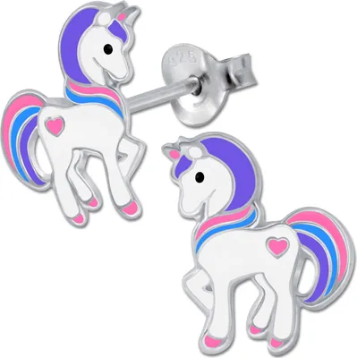 Produktbild von Kinder Ohrringe 925 echt Silber Einhorn Pferde Herz  925er Ohrstecker für Mädchen K677
